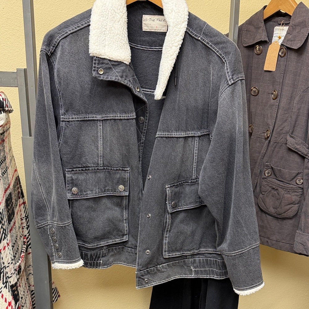 We The Free Black Denim Sherpa Collar Jacket